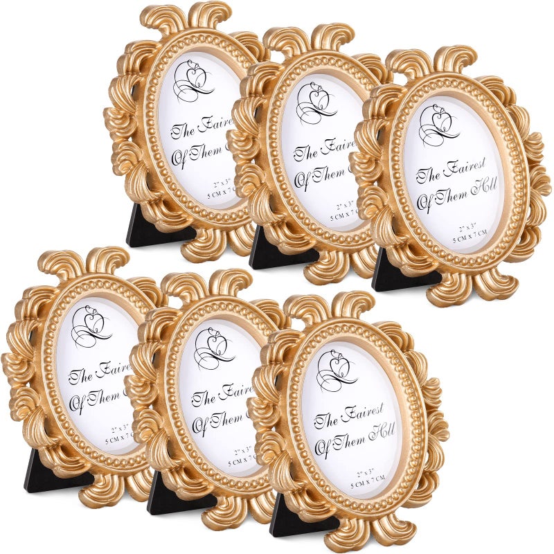 Vicenpal 6 Pieces Mini Gold Picture Frames 3.2 x 4 Inch Vintage Small Antique Resin Baroque Picture Frames Bulk Oval Hanging Display for DIY Jewelry Gifts Christmas Wedding Decor (Gold) - Image 1