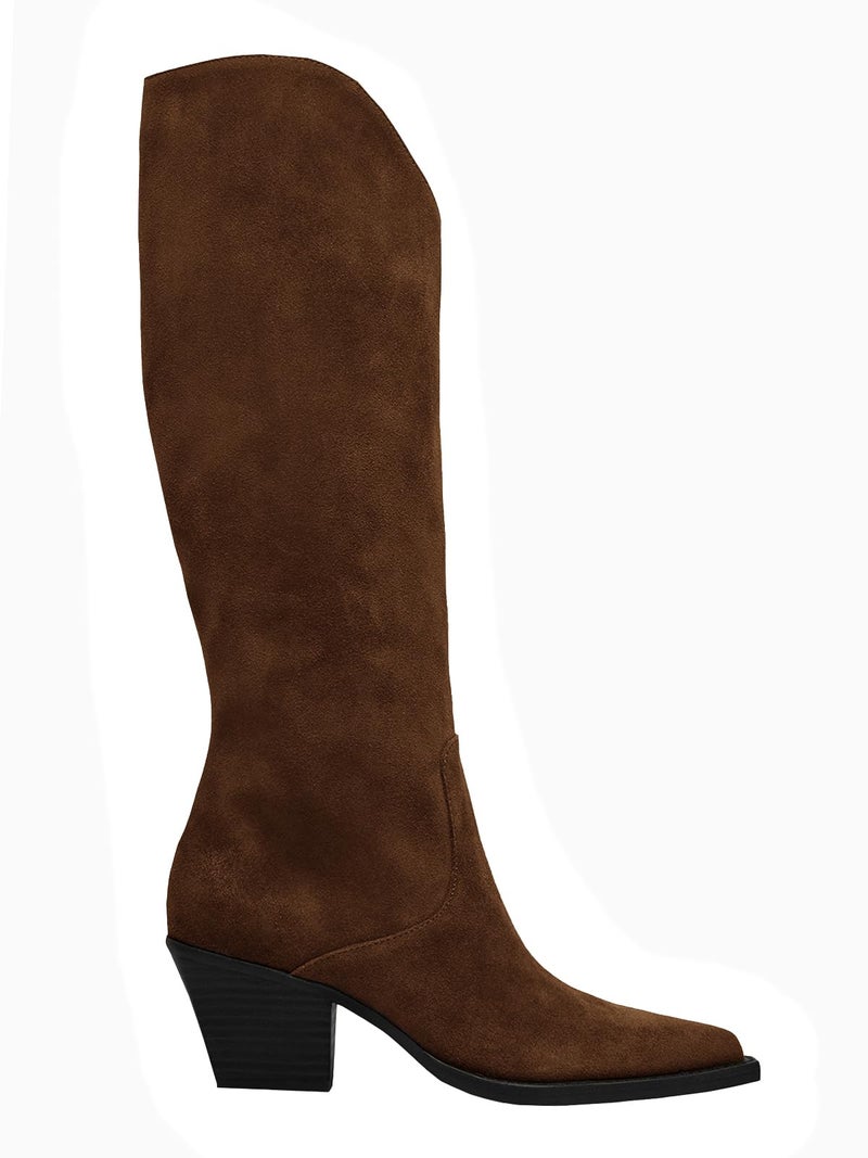 Coutgo Womens Wide Calf Cowboy Boots Suede Knee High Chunky Heel Pointed Toe Western Cowgirl Boots, Chocolate, Size 8 - Image 4