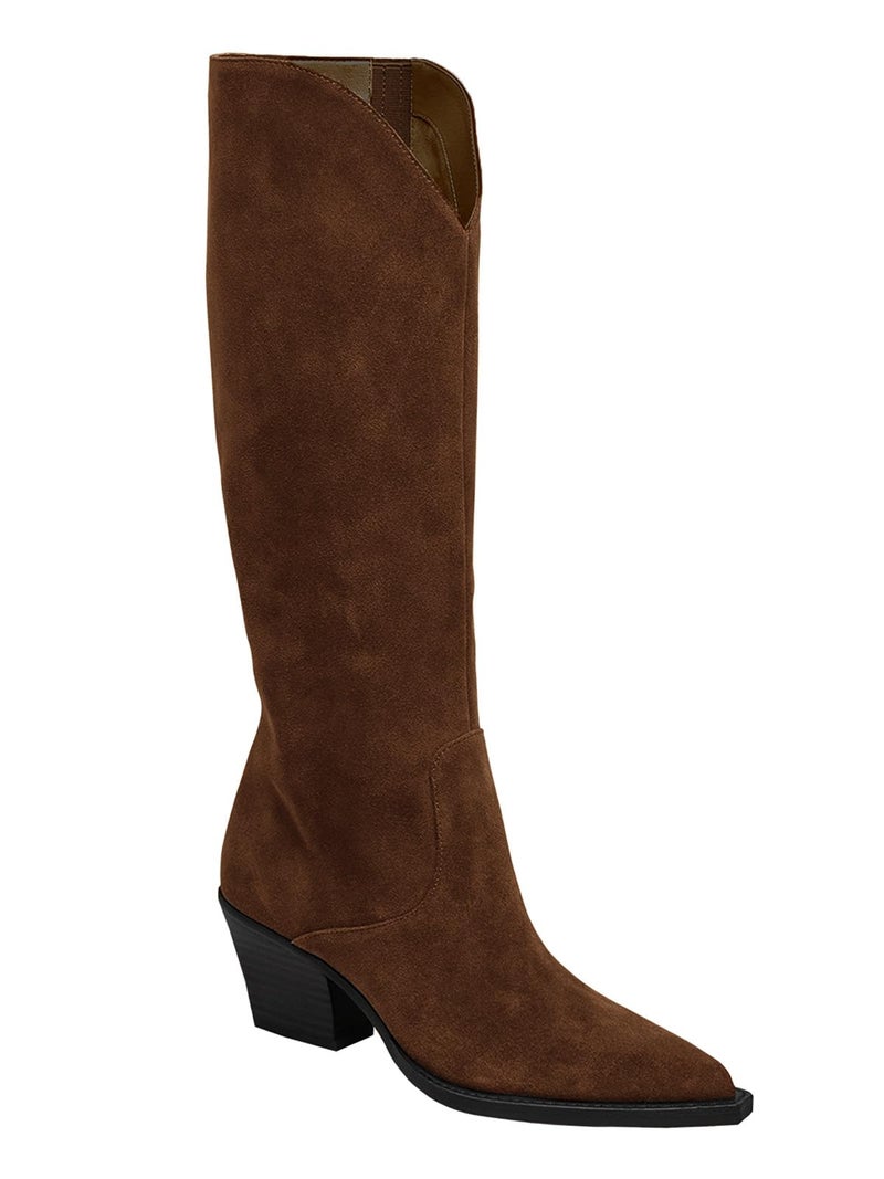 Coutgo Womens Wide Calf Cowboy Boots Suede Knee High Chunky Heel Pointed Toe Western Cowgirl Boots, Chocolate, Size 8 - Image 1