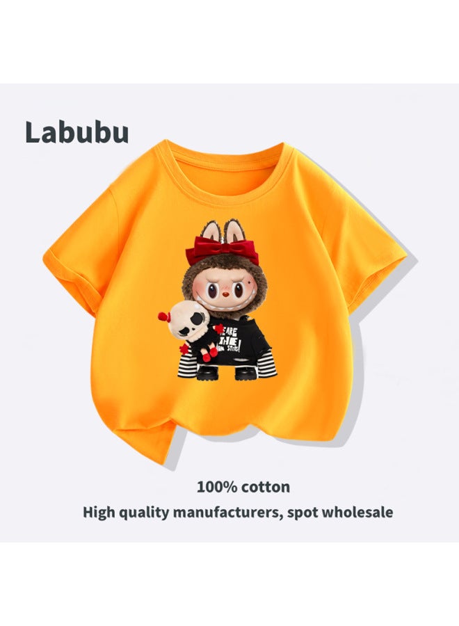 Overseas Labubu Cool Black Style Doll Labubu Summer Pure Cotton Short Sleeve Children's Wear Parent-child Matching T-shirt