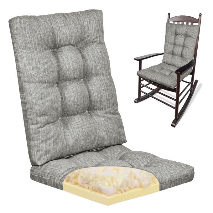 ROCKING CHAIR CUSHION SET DUALLAYER PATENTED DESIGN MEMORY FOAM SEAT BACK CUSHION WITH TIES FOR INDOOR LIVING ROOM ROCKER 2 PIECE SET GREY