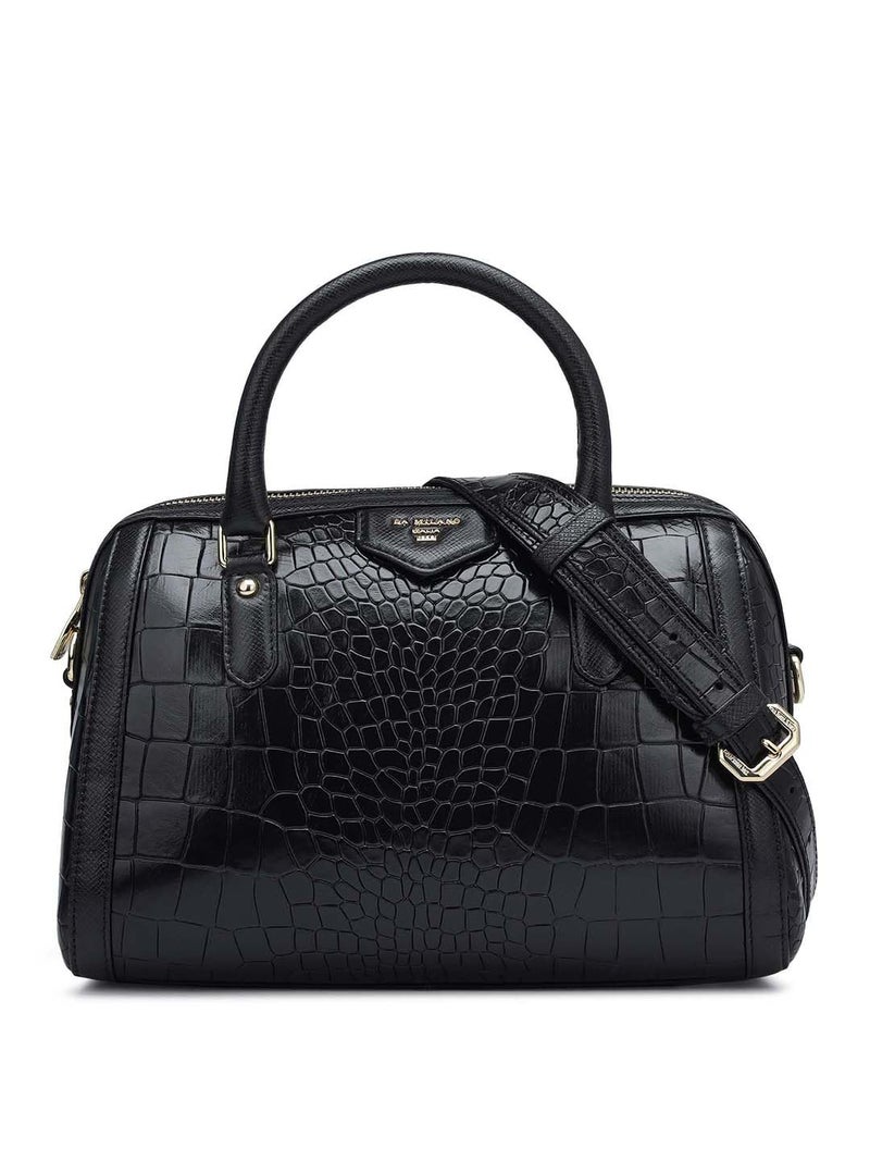Da Milano Leather Satchel Bag for Women Bag – Black | Medium Genuine Leather Handbag with Dual Compartments, Zipper Closure & Detachable Shoulder Strap | Versatile Office & Casual Purse - Image 1