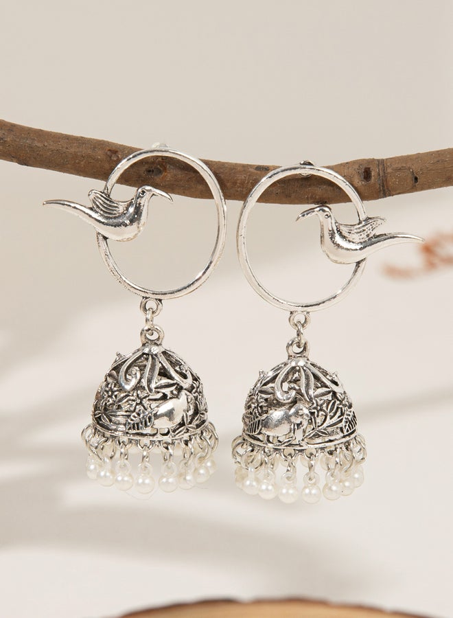 Take Two Silver Bird Decor Bell Shape Jhumka Earrings - Image 3
