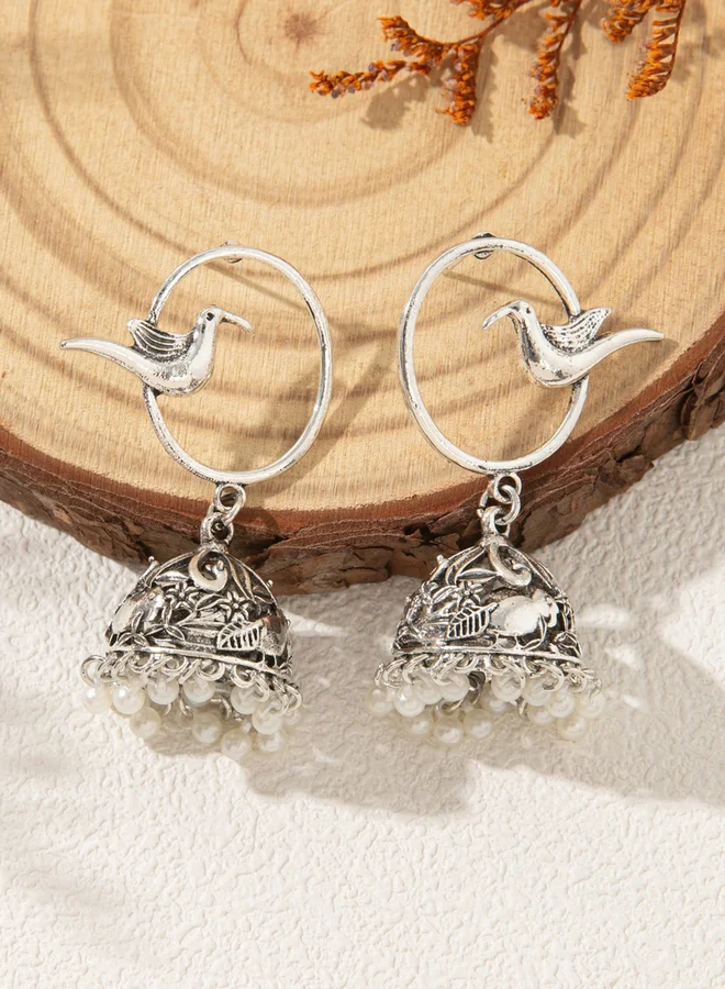Take Two Take Two Silver Bird Decor Bell Shape Jhumka Earrings