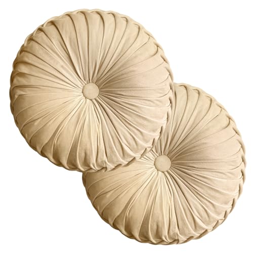 Teieas 2 Pcs Round Throw Pillows Decorative Pumpkin Velvet Boho Pleated Bed Pillows Back Support for Couch Chair Dorm Car 1496 Apricot - Image 1