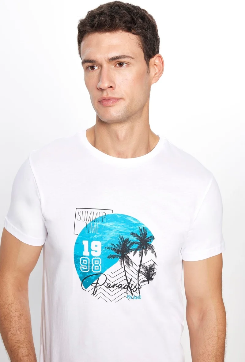 Tudors Men's Slim Fit Narrow Cut Cotton Soft Textured Printed White Crew Neck T-Shirt