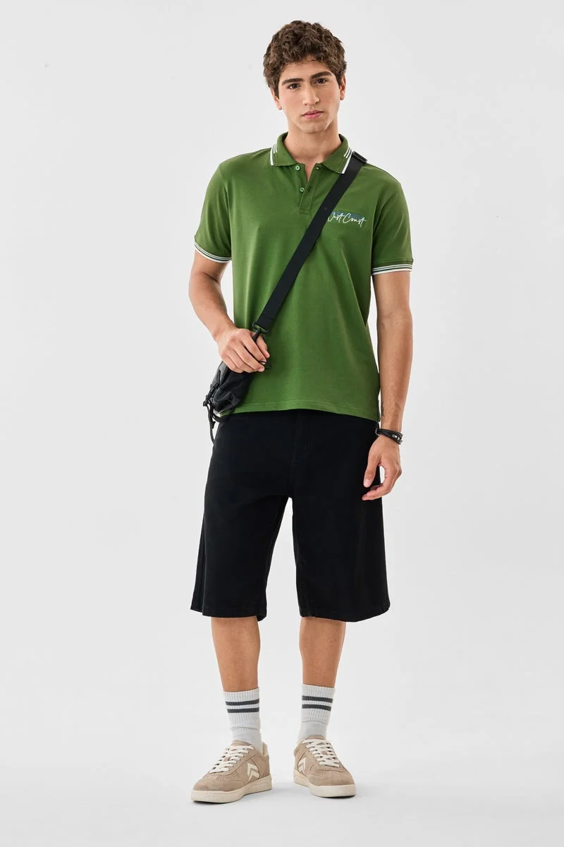 سنيتش Green Embroidered Half Sleeve Regular Fit T-Shirt