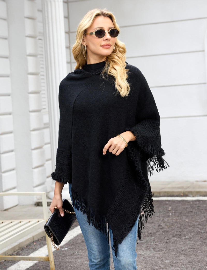 Ferand Ladies' Hooded Cape with Fringed Hem, Crochet Poncho Knitting Patterns for Women, Black - Image 2