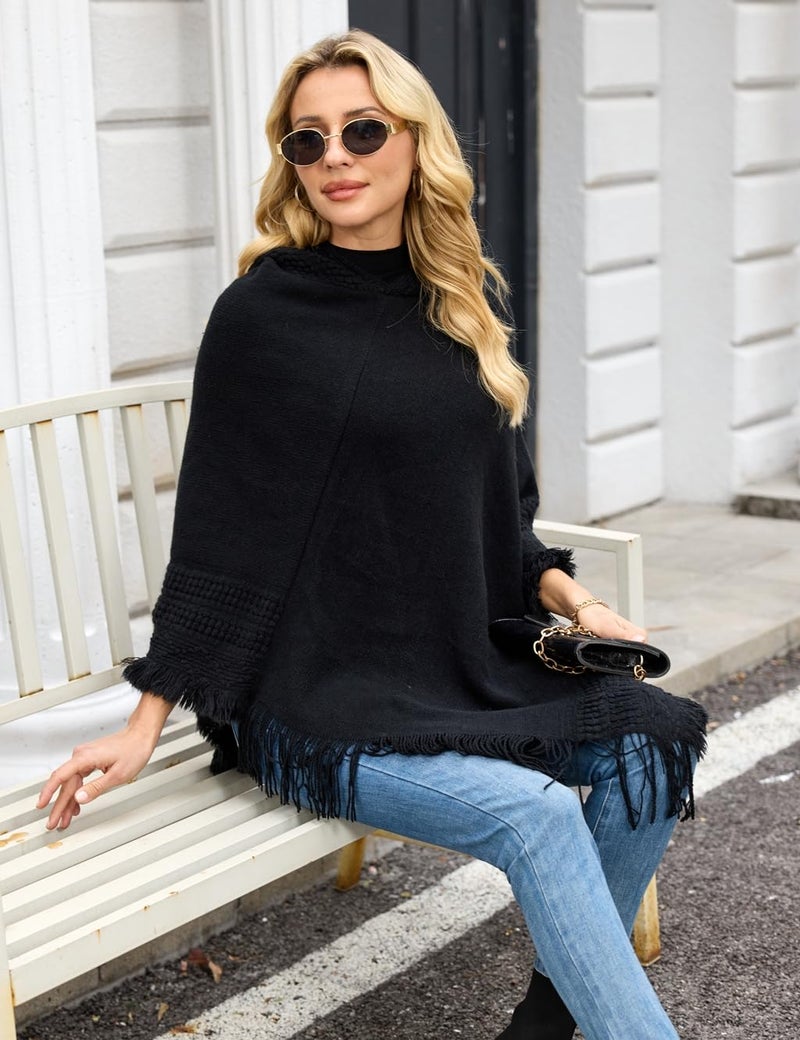 Ferand Ladies' Hooded Cape with Fringed Hem, Crochet Poncho Knitting Patterns for Women, Black - Image 3