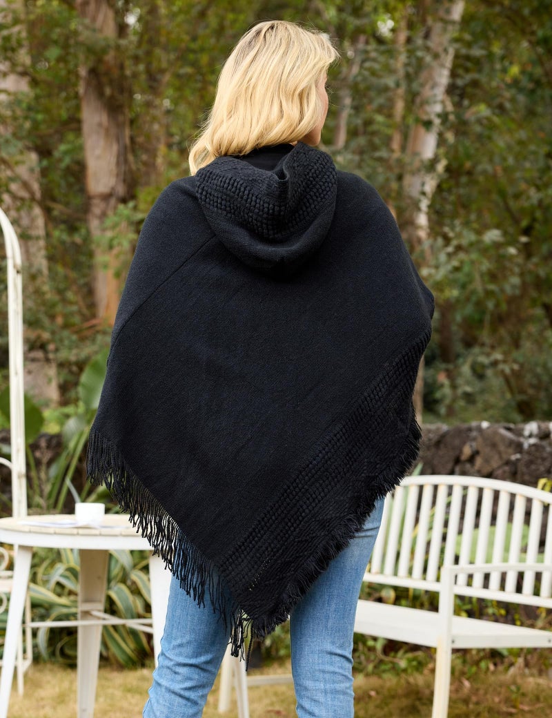 Ferand Ladies' Hooded Cape with Fringed Hem, Crochet Poncho Knitting Patterns for Women, Black - Image 5