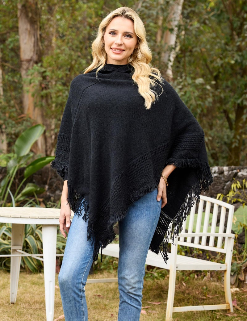 Ferand Ladies' Hooded Cape with Fringed Hem, Crochet Poncho Knitting Patterns for Women, Black - Image 4