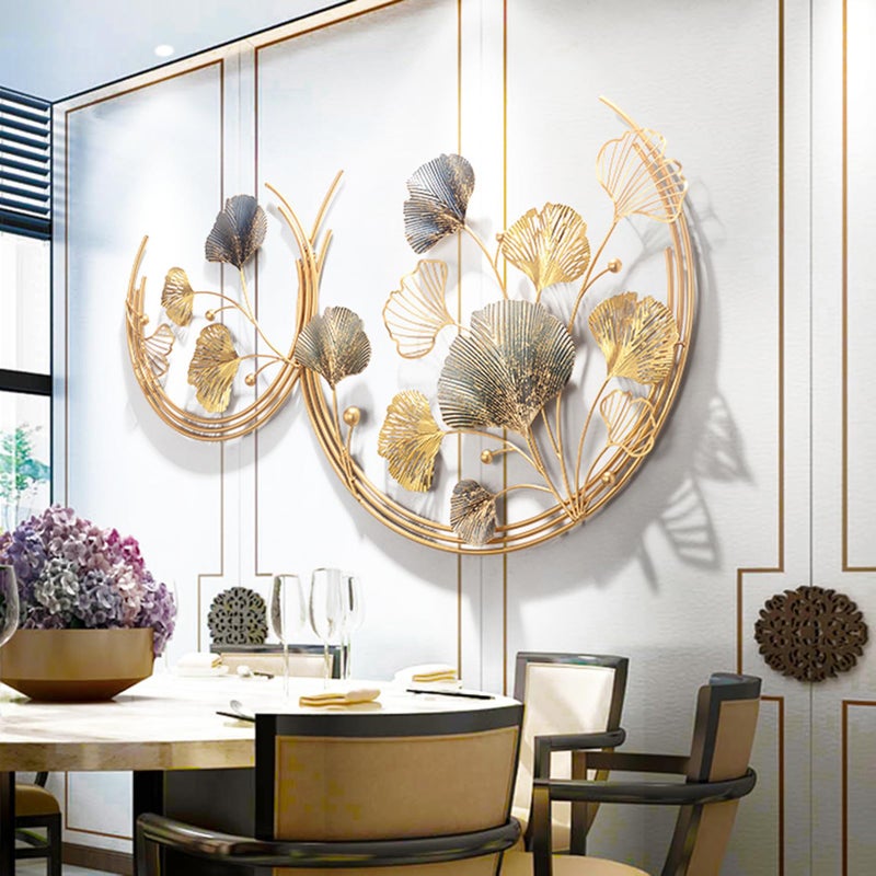 CDDUOLA 3D Room Wall Decor, Handmade Art Metal Round Golden Ginkgo Leaf Decorative Wall Sculpture for Home Living Room And Bedroom, 2 Pack - Image 3