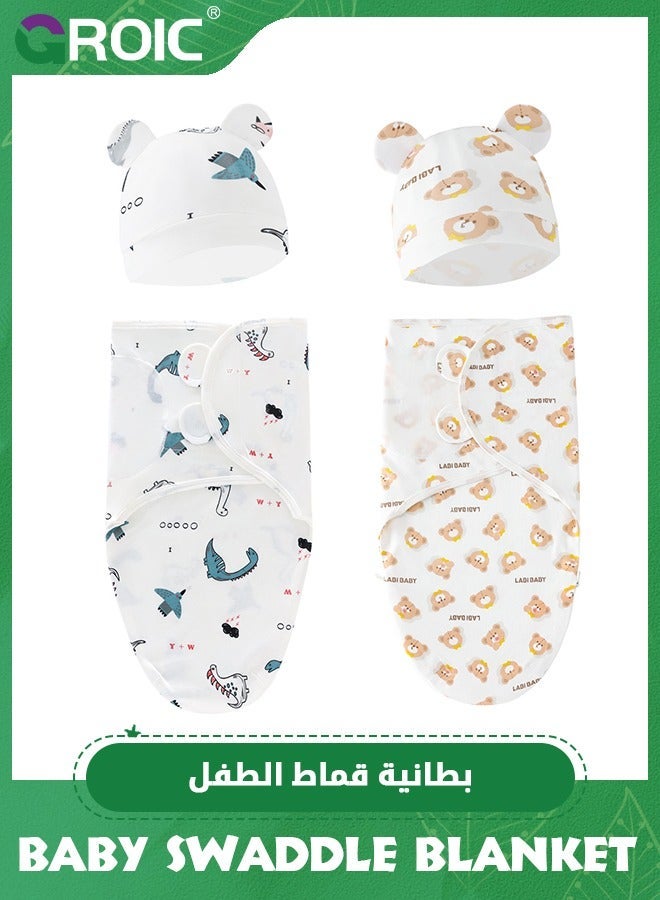 GROIC 2 Packs Baby Swaddle Sleep Sack with Hat Set,Soft Cotton Newborn Wearable Wrap,Baby Nursery Wrap  - Image 1
