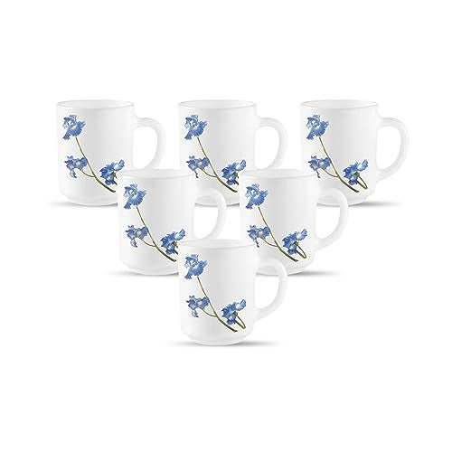 La Opala, Novo Collection Opal Glass Crockery | Coffee Mug Grace Medium, Set of 6 | Blue Orchids, 250 ml | for Tea & Coffee | Microwave Safe | 100% Vegetarian | Extra Strong | Super Light & White - Image 1