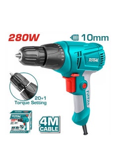 TOTAL Total Electric Drill 280W, 10mm Keyless Chuck, 0-750rpm, 20+1 Torque Settings, 4M Cable, Ideal for Drilling Wood, Metal & Plastic – TD502106  - Image 1