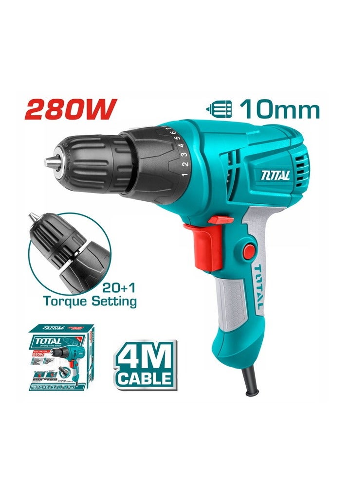 TOTAL Total Electric Drill 280W, 10mm Keyless Chuck, 0-750rpm, 20+1 Torque Settings, 4M Cable, Ideal for Drilling Wood, Metal & Plastic – TD502106  - Image 1