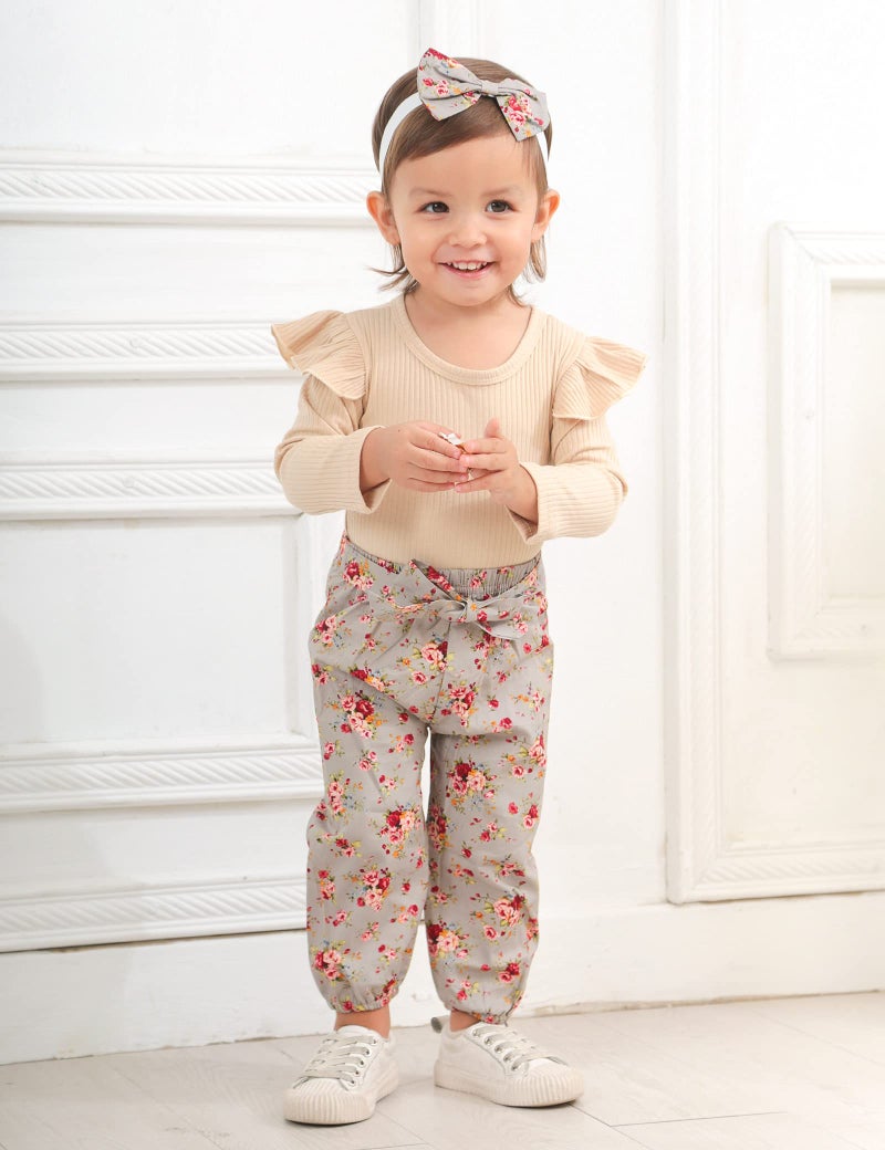 KANGKANG Newborn Baby Girl Clothes Baby Girl Outfits Ribbed Ruffle Sleeve Romper + Floral Pants + Cute Headband Baby Clothes for Girls Infant Girl Clothes Light Brown 3Pcs - Image 2