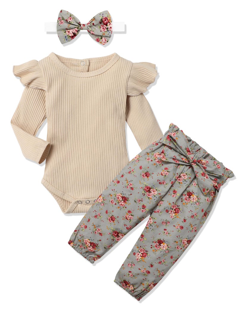 KANGKANG Newborn Baby Girl Clothes Baby Girl Outfits Ribbed Ruffle Sleeve Romper + Floral Pants + Cute Headband Baby Clothes for Girls Infant Girl Clothes Light Brown 3Pcs - Image 1