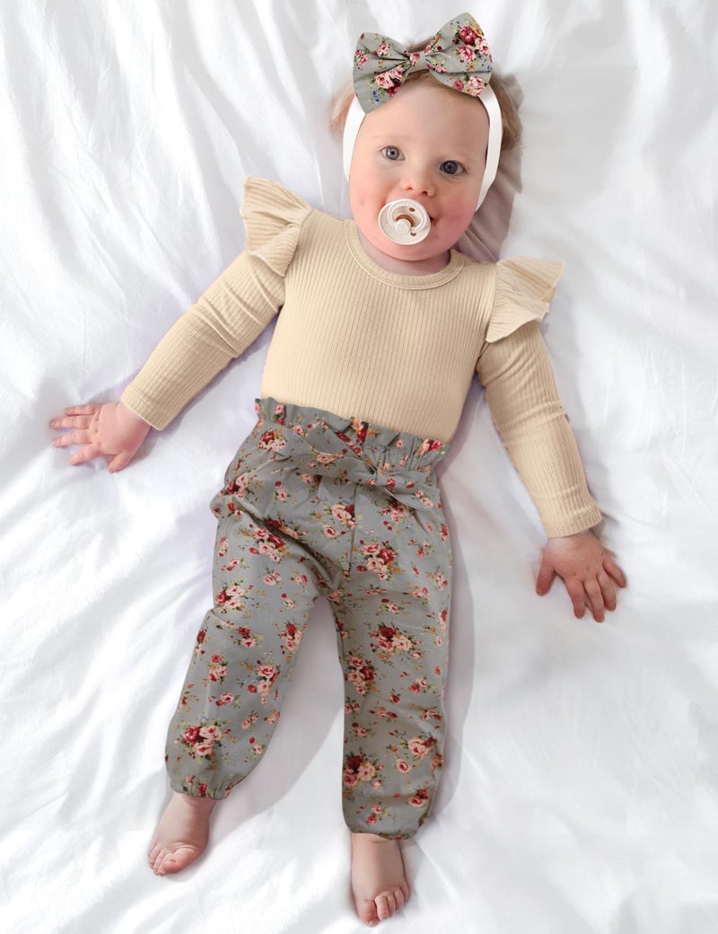 KANGKANG Newborn Baby Girl Clothes Baby Girl Outfits Ribbed Ruffle Sleeve Romper + Floral Pants + Cute Headband Baby Clothes for Girls Infant Girl Clothes Light Brown 3Pcs - Image 3