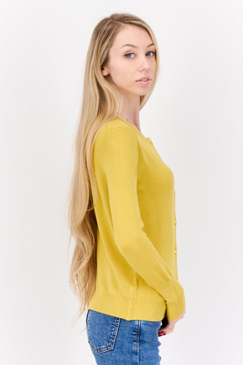 PHILOSOPHY Women Round Neck Ribbed Cardigan, Mustard Yellow  - Image 2