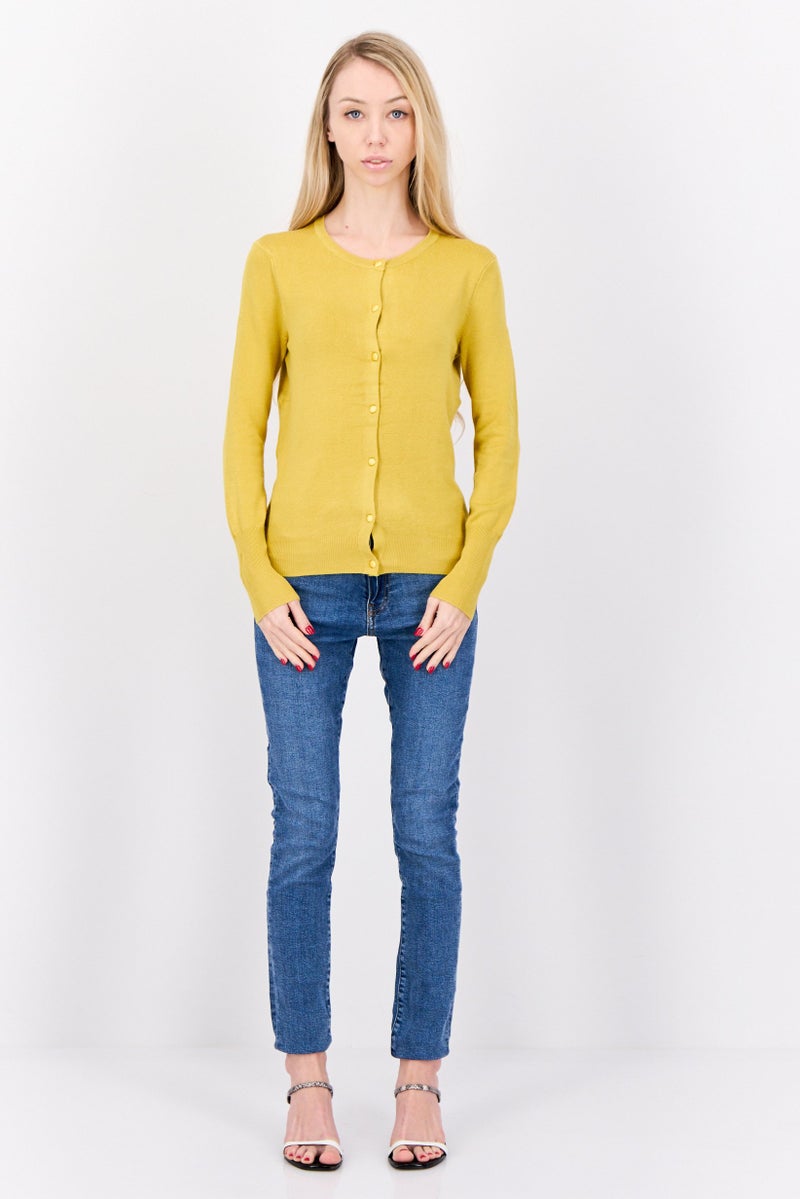 PHILOSOPHY Women Round Neck Ribbed Cardigan, Mustard Yellow  - Image 4