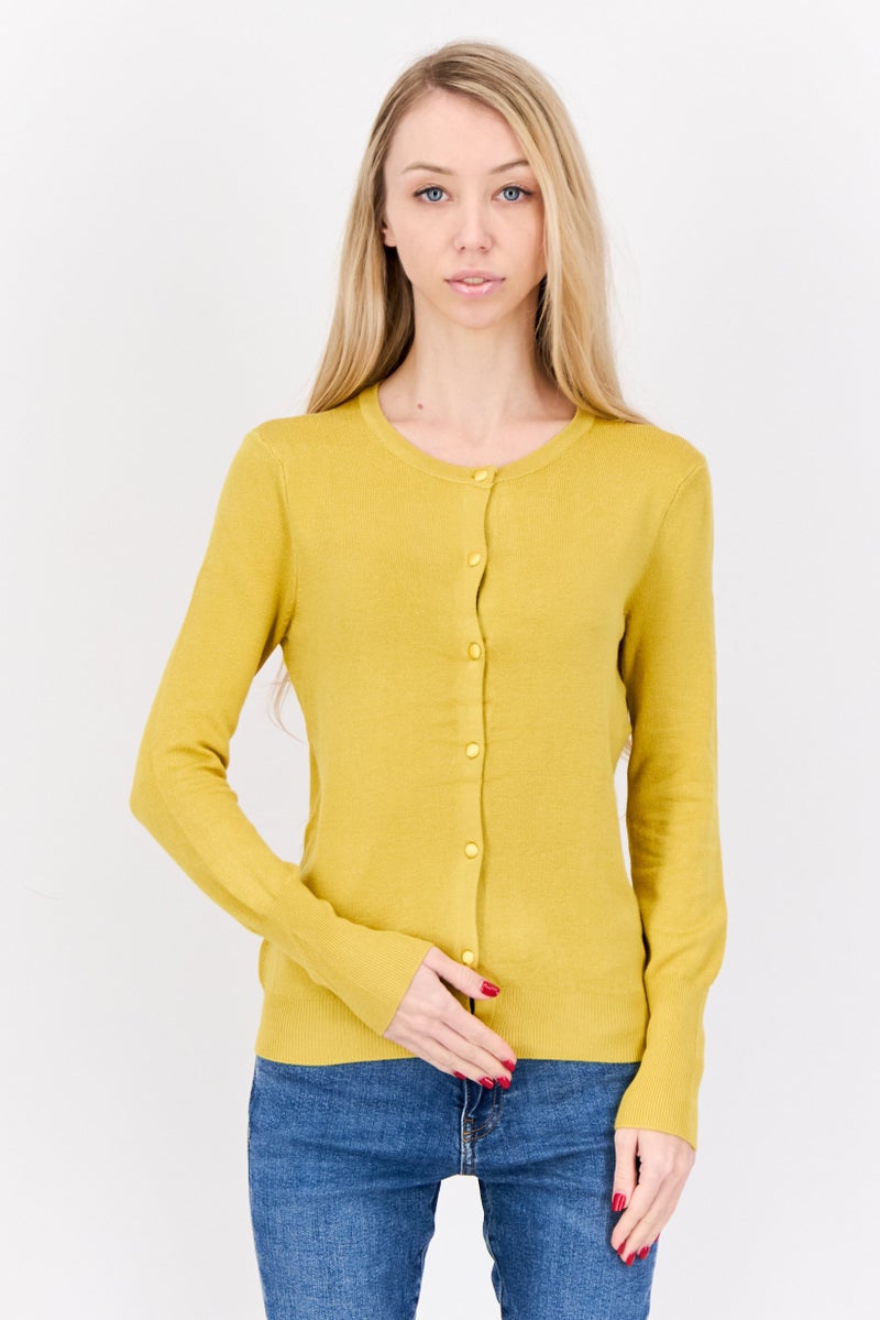 PHILOSOPHY Women Round Neck Ribbed Cardigan, Mustard Yellow  - Image 1