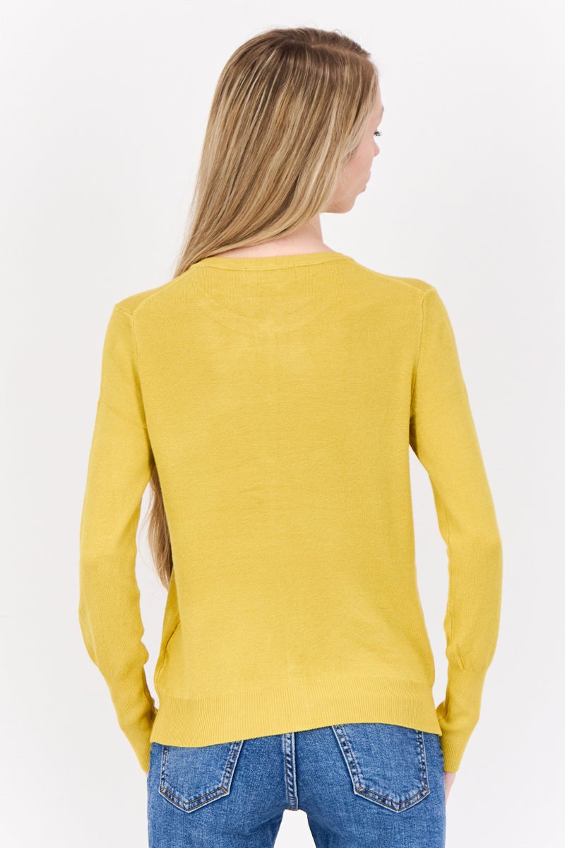 PHILOSOPHY Women Round Neck Ribbed Cardigan, Mustard Yellow  - Image 3