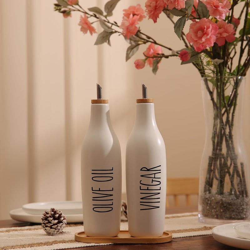 HOMCDALY Olive Oil and Vinegar Dispenser Set, 16oz Ceramic Oil Dispenser for Kitchen, Kitchen Dispenser Bottle for EVOO Vinegar Syrups, Modern Farmhouse Design | Set of 2 â€“ P-White - Image 4
