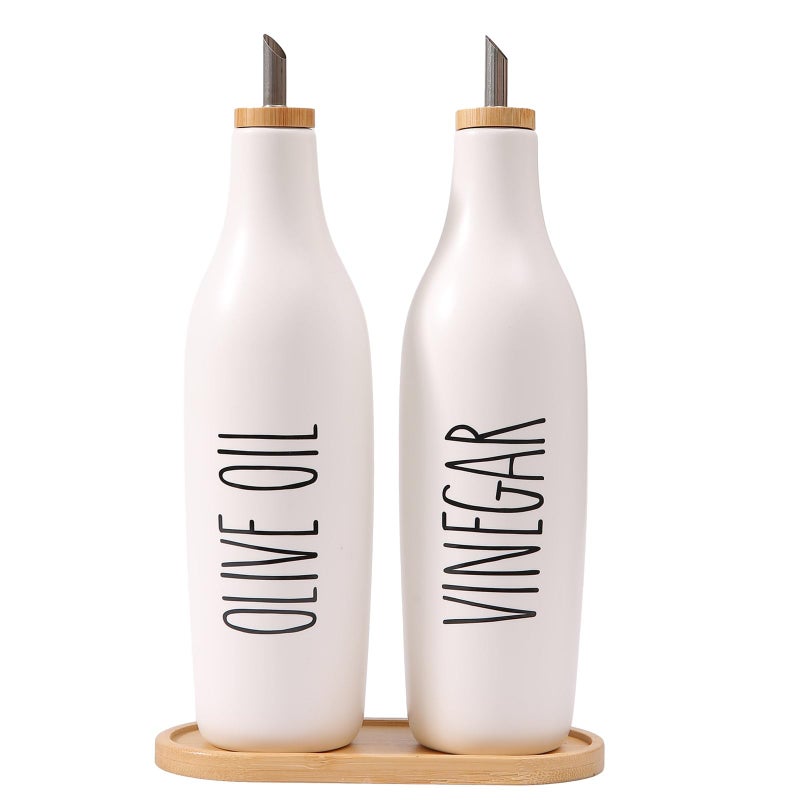 HOMCDALY Olive Oil and Vinegar Dispenser Set, 16oz Ceramic Oil Dispenser for Kitchen, Kitchen Dispenser Bottle for EVOO Vinegar Syrups, Modern Farmhouse Design | Set of 2 â€“ P-White - Image 1