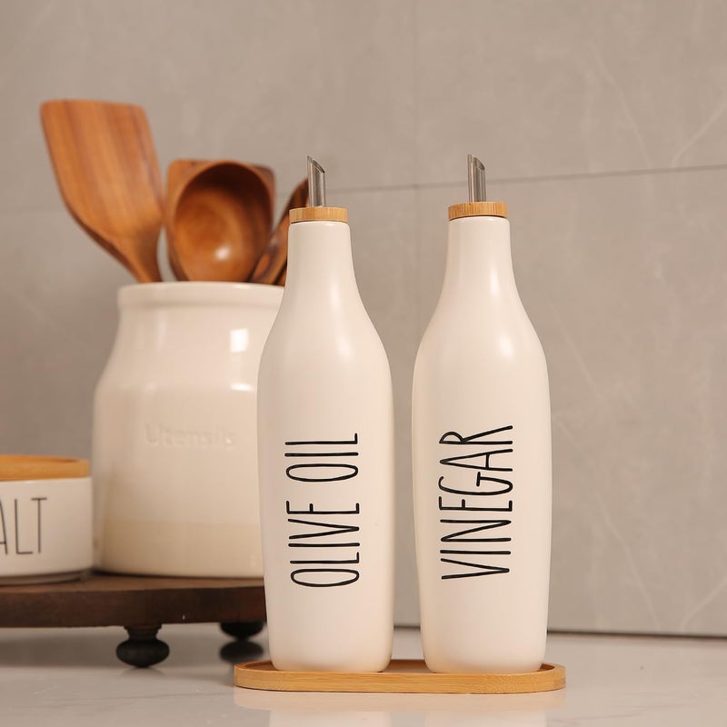 HOMCDALY Olive Oil and Vinegar Dispenser Set, 16oz Ceramic Oil Dispenser for Kitchen, Kitchen Dispenser Bottle for EVOO Vinegar Syrups, Modern Farmhouse Design | Set of 2 â€“ P-White - Image 2