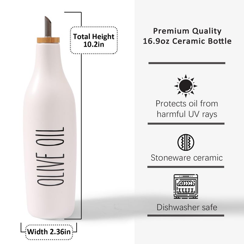 HOMCDALY Olive Oil and Vinegar Dispenser Set, 16oz Ceramic Oil Dispenser for Kitchen, Kitchen Dispenser Bottle for EVOO Vinegar Syrups, Modern Farmhouse Design | Set of 2 â€“ P-White - Image 3