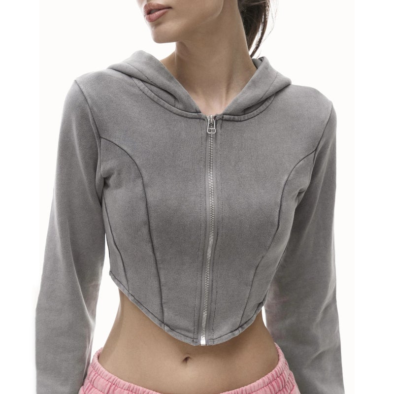 2024 New Hooded Sweatshirt European and American Womens Short Waist Fishbone Leakage Waist Old European and American Sweatshirt Hot Girl Grey