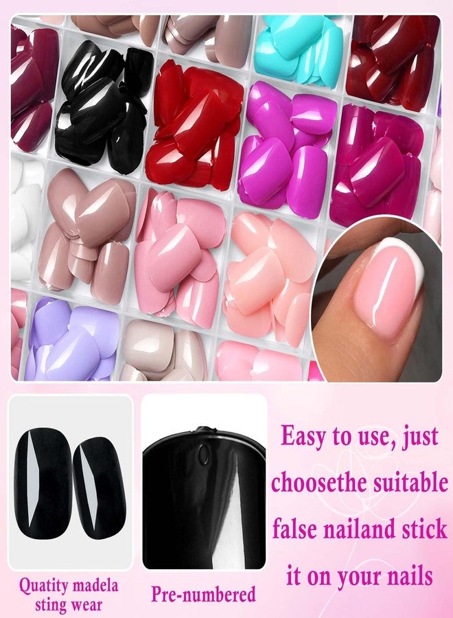 LuckForever 576pc Round Square Press on Nails Short Fake Nails with Glue Tabs, Extra Short Acrylic Nails Press ons Nail Square Glue on Nails Artficial Fingernails False Stick Nail for Women Girls - Image 2