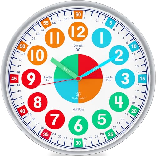 OWLCONIC Clock for Kids  Educational Analog Learning Wall Clock Non Ticking Teaching Clock for Classroom  Homeschool Silent Kids Bedroom Dcor Bright - Image 1
