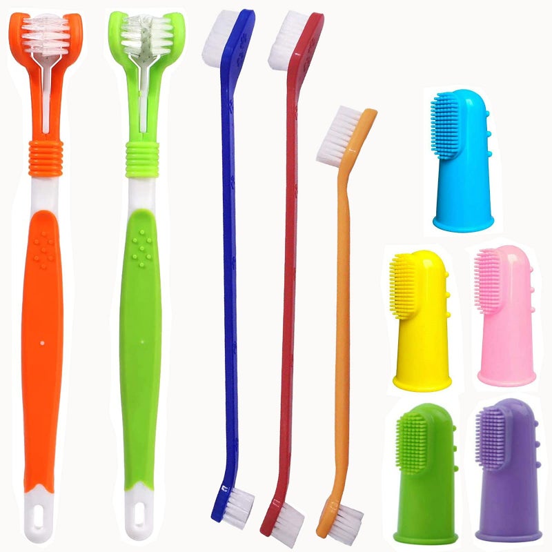 Zeyaa 10 Pack Pet Dog Toothbrush, 2 Triple Head Pet Toothbrushes 3 Double Head Tooth Brush 5 Pack Finger Rubber Toothbrushes, Multi-Angle Dental Cleaning Brushes for Dog Cat Oral Dental Health - Image 1