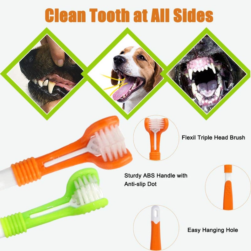 Zeyaa 10 Pack Pet Dog Toothbrush, 2 Triple Head Pet Toothbrushes 3 Double Head Tooth Brush 5 Pack Finger Rubber Toothbrushes, Multi-Angle Dental Cleaning Brushes for Dog Cat Oral Dental Health - Image 3