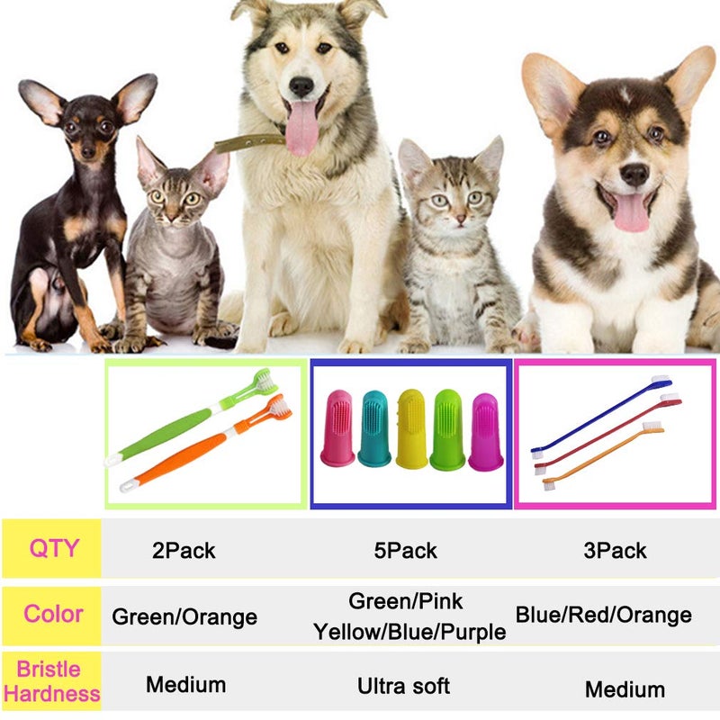 Zeyaa 10 Pack Pet Dog Toothbrush, 2 Triple Head Pet Toothbrushes 3 Double Head Tooth Brush 5 Pack Finger Rubber Toothbrushes, Multi-Angle Dental Cleaning Brushes for Dog Cat Oral Dental Health - Image 2