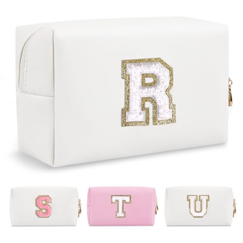 ChaoGreat Small Personalized Initial A-Z Preppy Patch Makeup Bag,White PU Chenille Letter Travel Cosmetic Pouch with Zipper,Cute Toiletry Bag,Gift Ideal for Teen Girls Women Teacher Bridesmaid,Letter R - Image 1