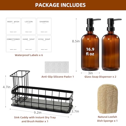 RYTOXILO Dish Soap Dispenser for Kitchen 169 fl oz Amber Hand and Dish Soap Dispensers Kitchen Soap Dispenser Set with Sponge Holder Brush Holder and Loofah Sponge Countertop Sink Organizer Accessories - Image 3