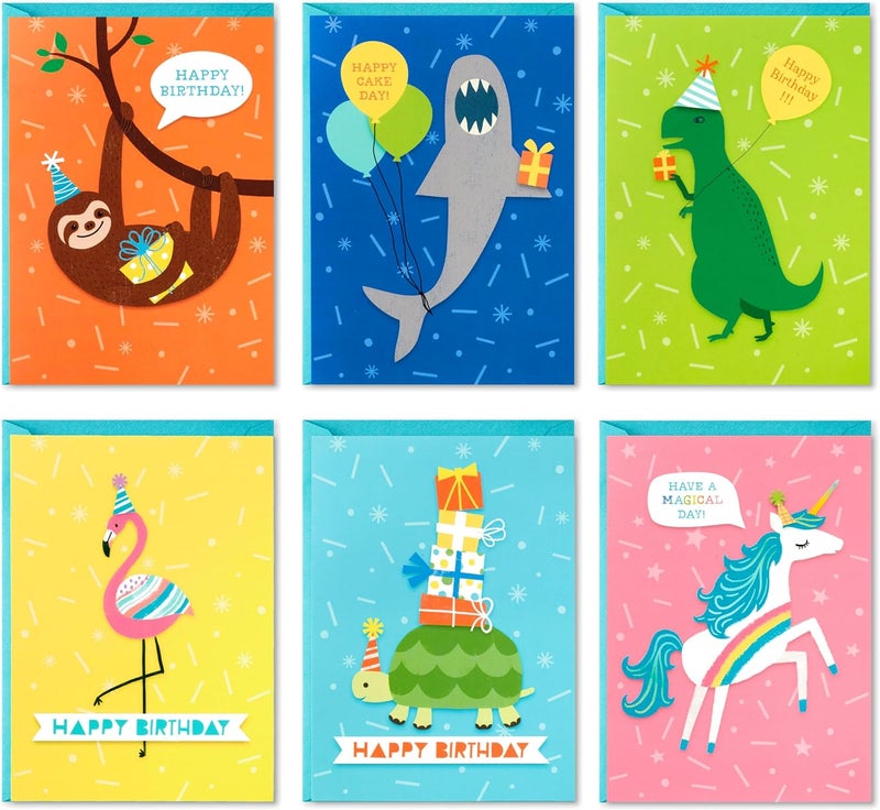 Hallmark Birthday Cards for Kids Assortment - 48 Cards Featuring Dinosaurs, Sloths, Unicorns, Flamingos, Turtles, and Sharks - Image 1