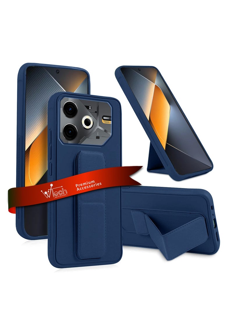 دبليو تيك Tecno Pova 6 4G 2024 قبضة يد قابلة للطي بمسند مغناطيسي وحزام معصم وقبضة إصبع مع غطاء علبة حديد مدمج باللون الأزرق الداكن