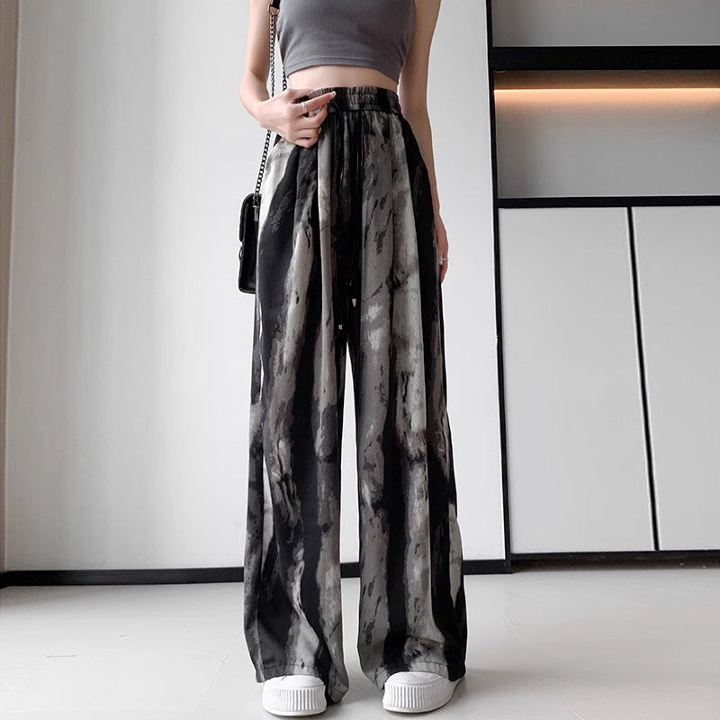 Ice Silk Wide Leg Pants Womens Summer Thin New Chinese Ink National Style Cool Sun Protection Pants High Waist Casual Pants Trousers ink line