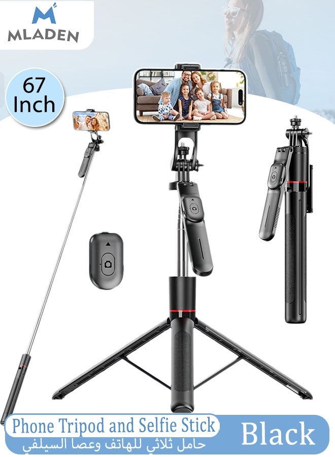 MLADEN 67" Selfie Stick Tripod, Phone Tripod and Selfie Stick, Cell Phone Tripod Stand with Wireless Remote & Extendable Phone Mount for Travel/Selfie/Recording/Vlogging, Compatible with iPhone/Android/Camera - Image 1