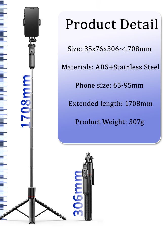MLADEN 67" Selfie Stick Tripod, Phone Tripod and Selfie Stick, Cell Phone Tripod Stand with Wireless Remote & Extendable Phone Mount for Travel/Selfie/Recording/Vlogging, Compatible with iPhone/Android/Camera - Image 2