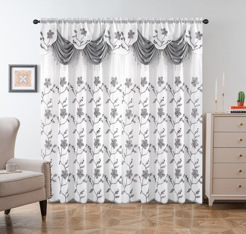Petrichor Embroidered Sheer Curtain 2 Panels Set - Luxury Window Curtain Attached Valance with Satin Backing and 2 Tie Backs for Living Room,Dining Room, 54x95 inches, Gray - Image 2