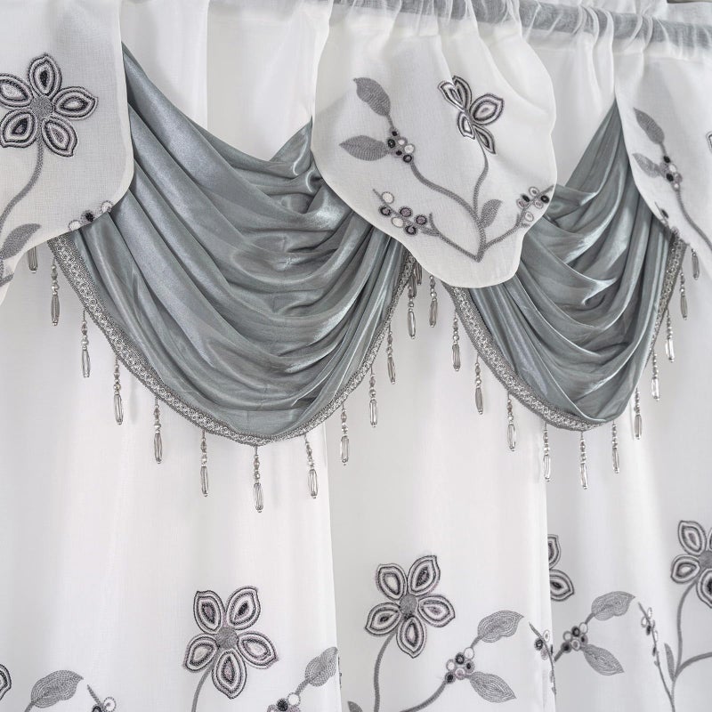 Petrichor Embroidered Sheer Curtain 2 Panels Set - Luxury Window Curtain Attached Valance with Satin Backing and 2 Tie Backs for Living Room,Dining Room, 54x95 inches, Gray - Image 4