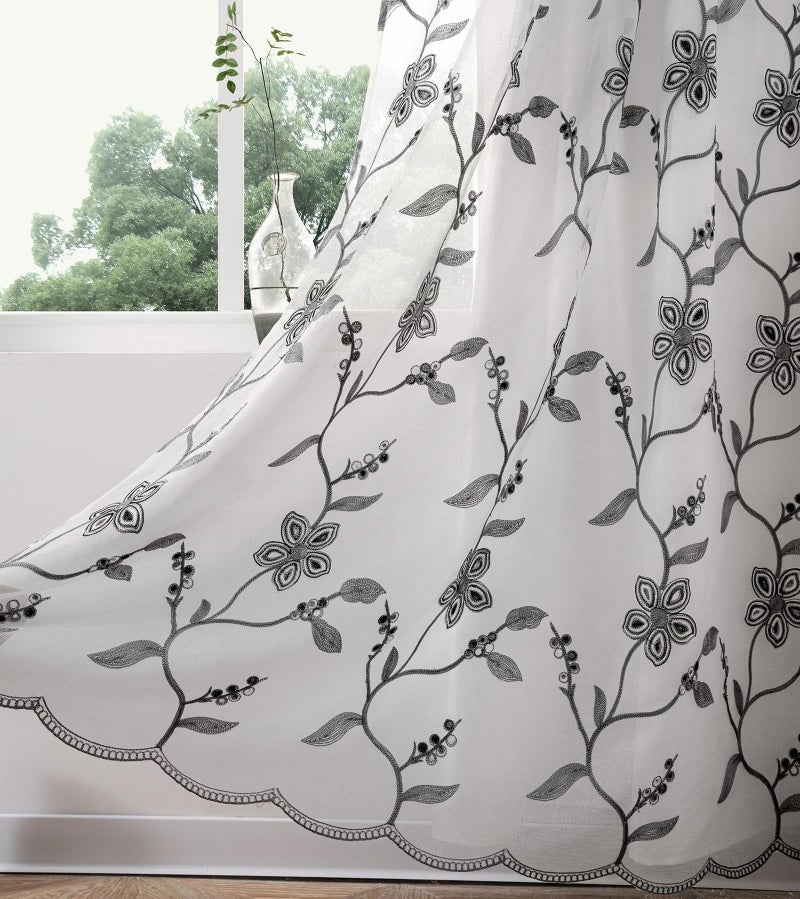 Petrichor Embroidered Sheer Curtain 2 Panels Set - Luxury Window Curtain Attached Valance with Satin Backing and 2 Tie Backs for Living Room,Dining Room, 54x95 inches, Gray - Image 3