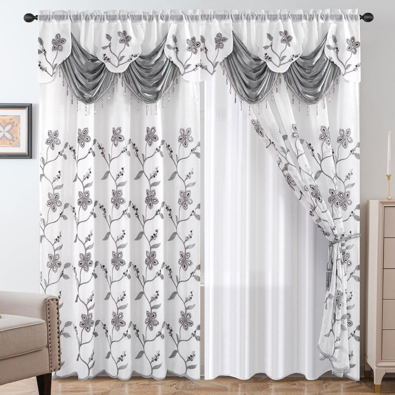 Petrichor Embroidered Sheer Curtain 2 Panels Set - Luxury Window Curtain Attached Valance with Satin Backing and 2 Tie Backs for Living Room,Dining Room, 54x95 inches, Gray - Image 1
