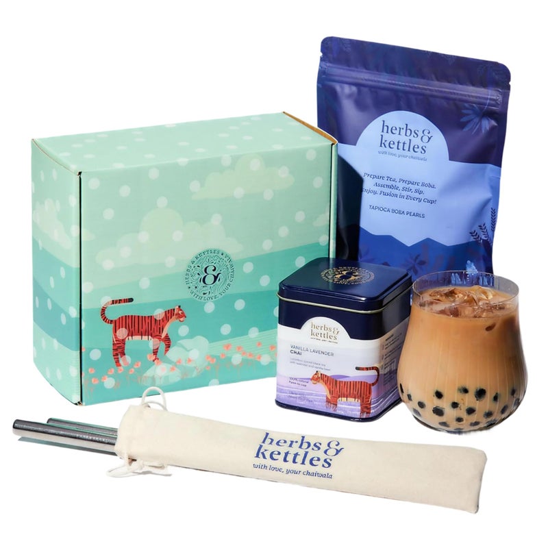 Herbs & Kettles Vanilla Lavender Chai Boba Kit | Assam Black Tea with Real Vanilla Bean, Lavender Flowers & Warming Spices + Chewy Tapioca Pearls | DIY Bubble Tea Kit with Reusable Straws - Image 1