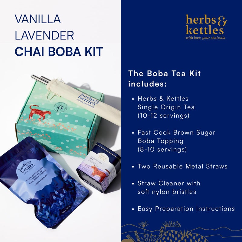 Herbs & Kettles Vanilla Lavender Chai Boba Kit | Assam Black Tea with Real Vanilla Bean, Lavender Flowers & Warming Spices + Chewy Tapioca Pearls | DIY Bubble Tea Kit with Reusable Straws - Image 2